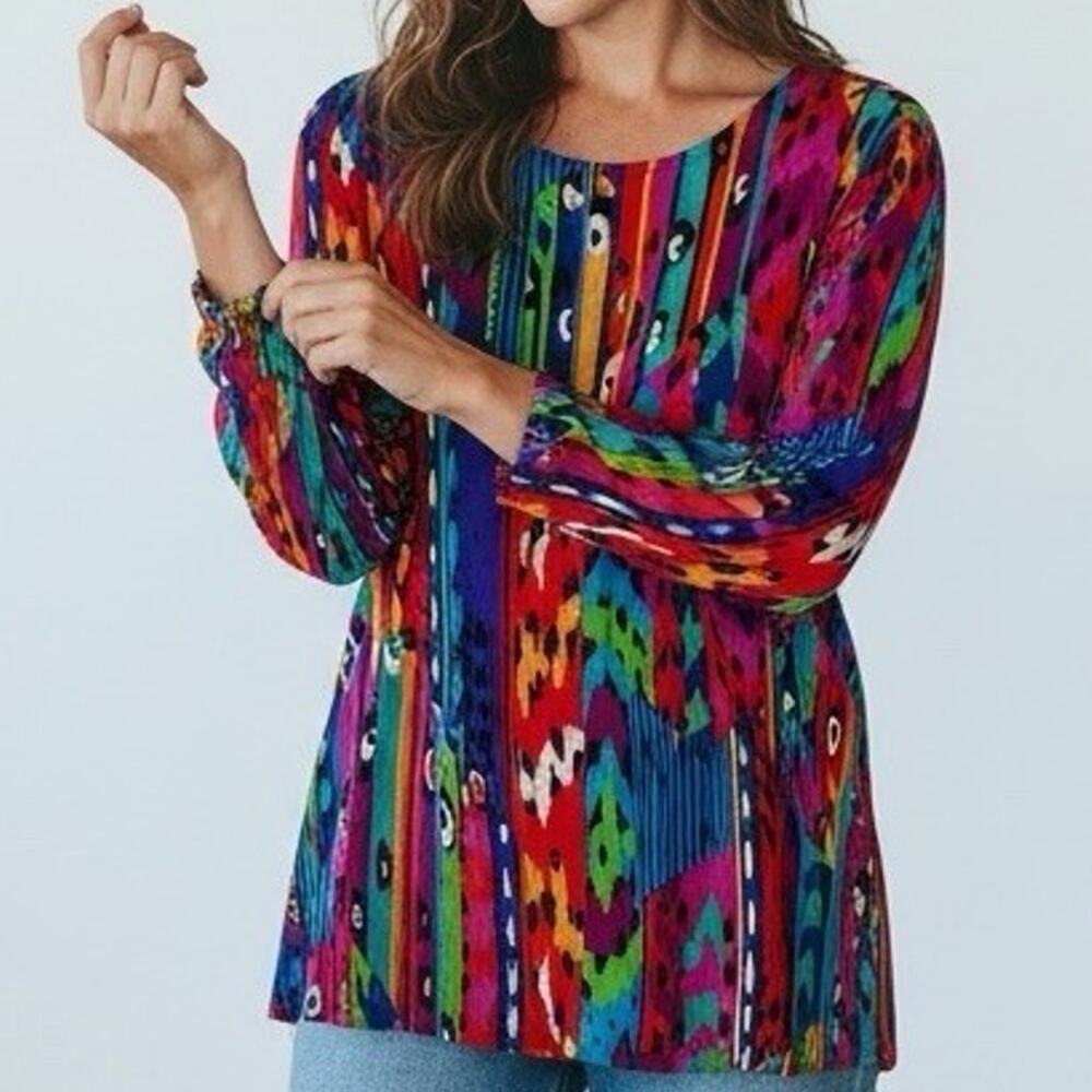 Carole Little Size 12 Rayon Top Artsy Boho Floral Print Long Sleeve